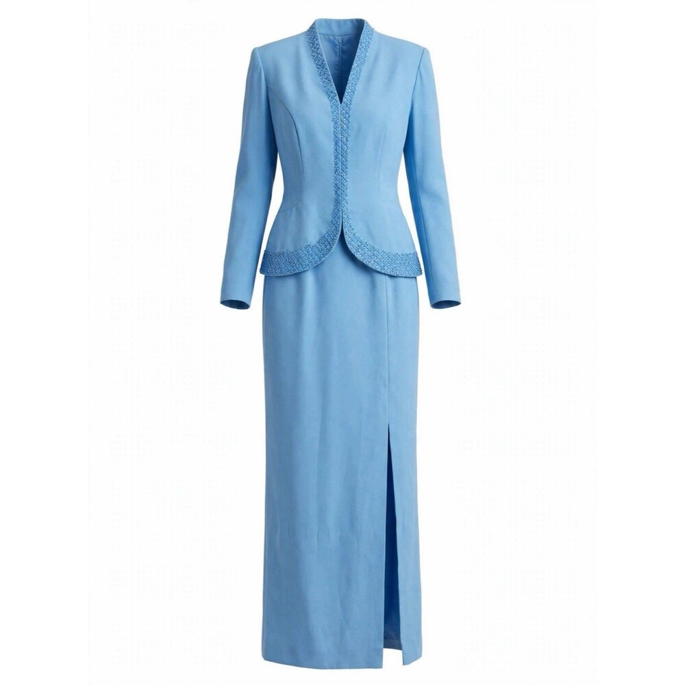 J.R. Nites 6 Light Blue Beaded Skirt Suit Set Long Mother Formal Evening